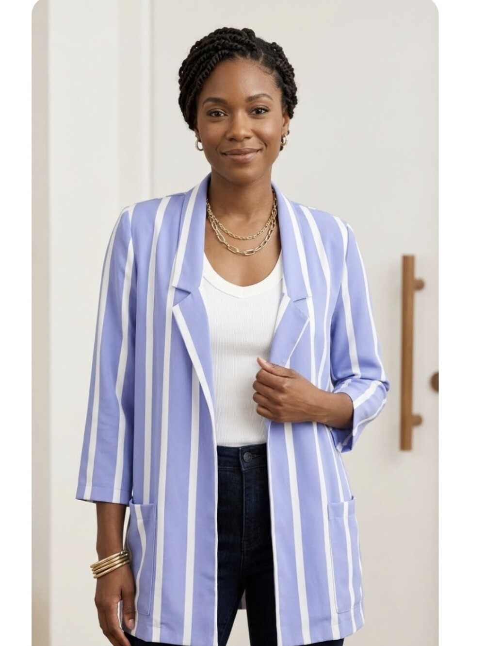 Alfred Lavender and White Striped Open-Front Blazer